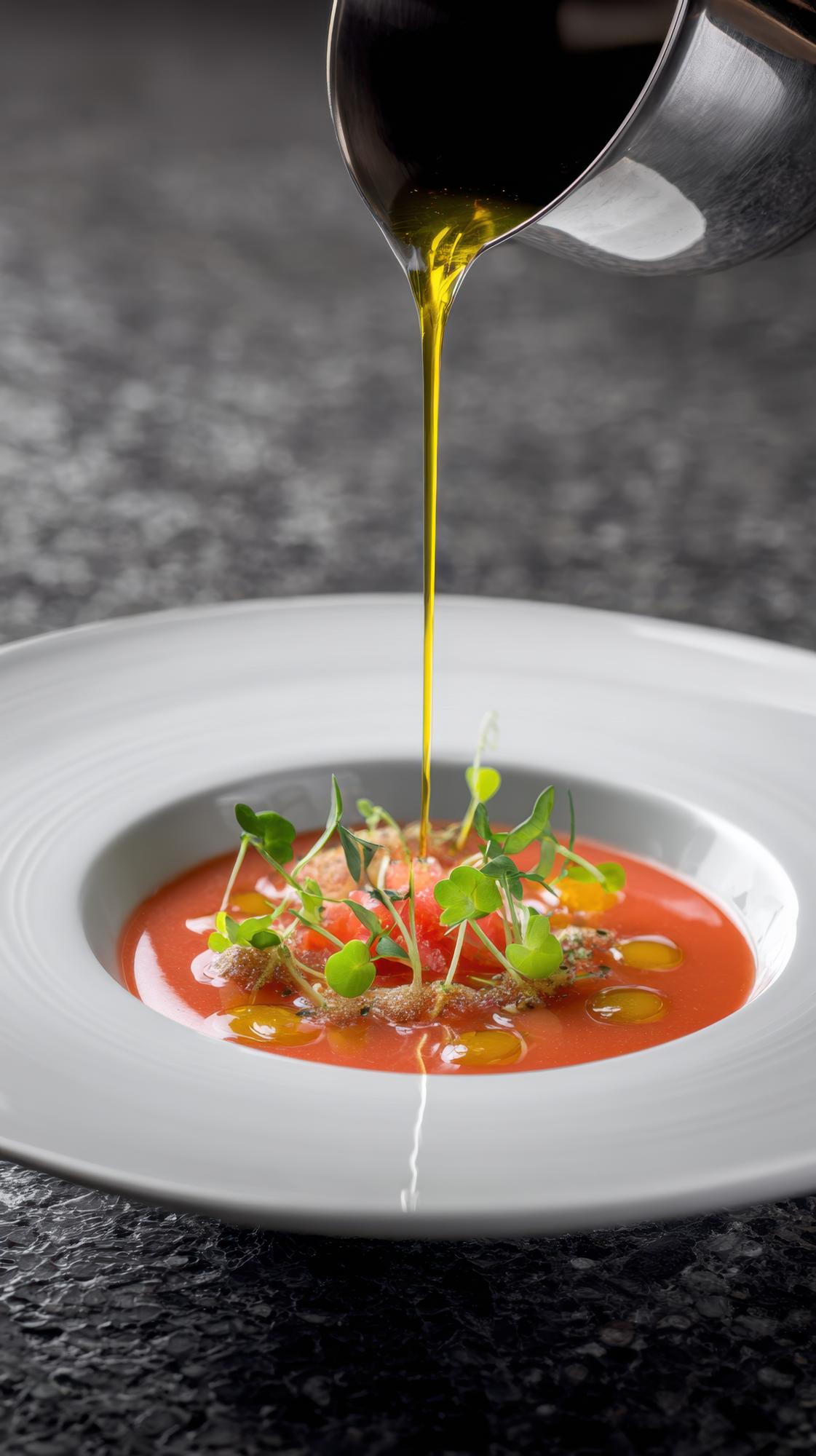 Chef preparing a plated dish with herbs and sauce